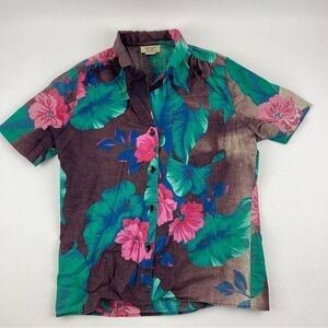 Jessica Scott Button Up Shirt Womens Black Green Floral